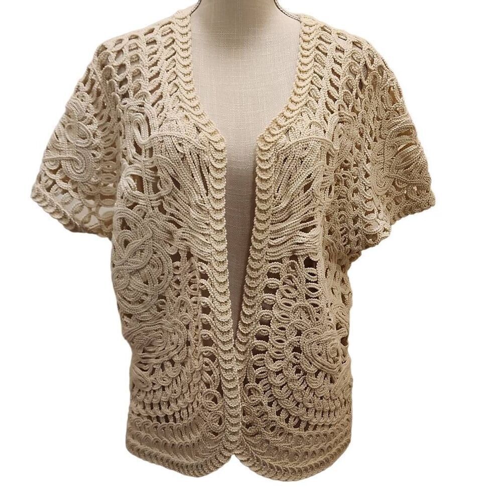 Anthropologie Inspired Sparrow Crochet Cardigan Large Beige Macrame Open Knit